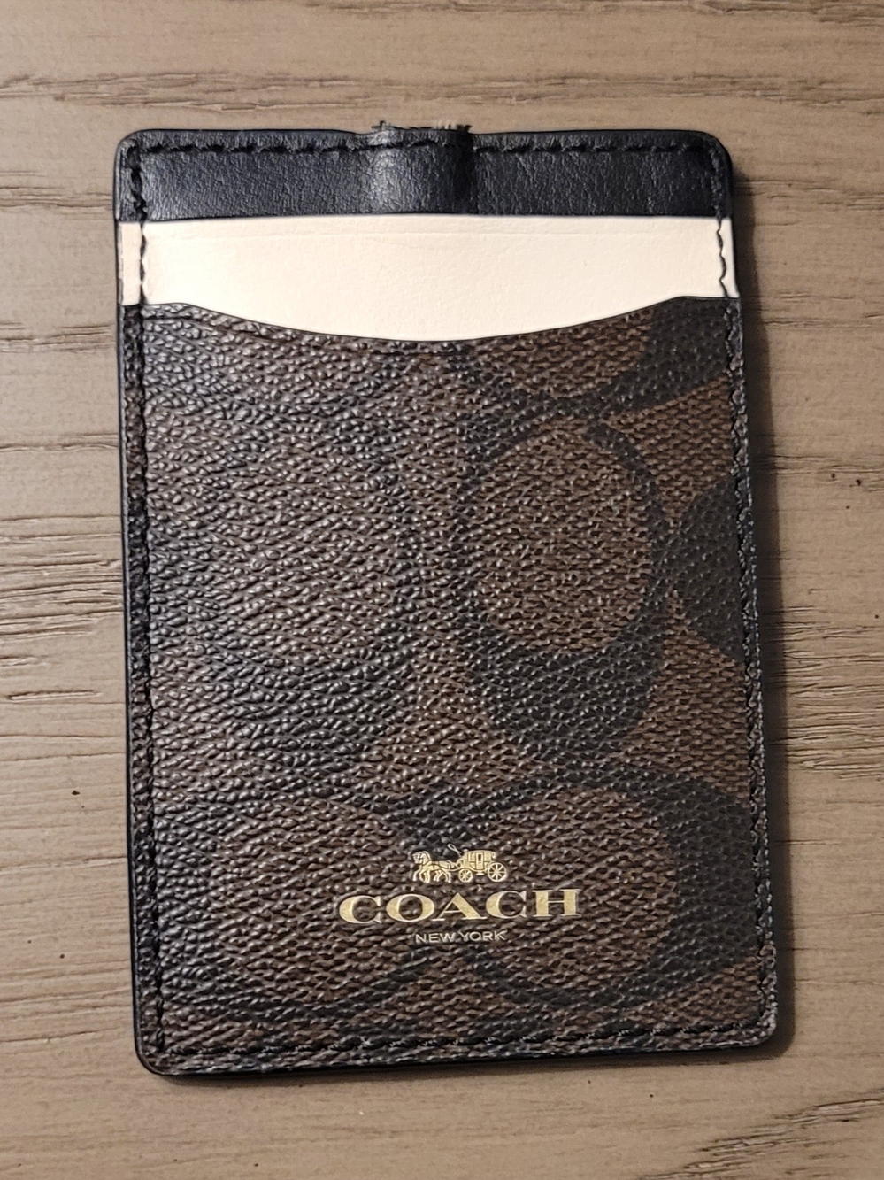 COACH Brown Signature Canvas Card Holder with Black Trim and Gold Logo